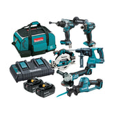 Makita Tools - 6 Piece Brushless Combo Kit - DHP486Z DTD173Z DGA508Z DHR242Z DHS680Z DJR189Z 2 x BL1850B DC18RD & Bag (199936-9) | DLX6136TX1